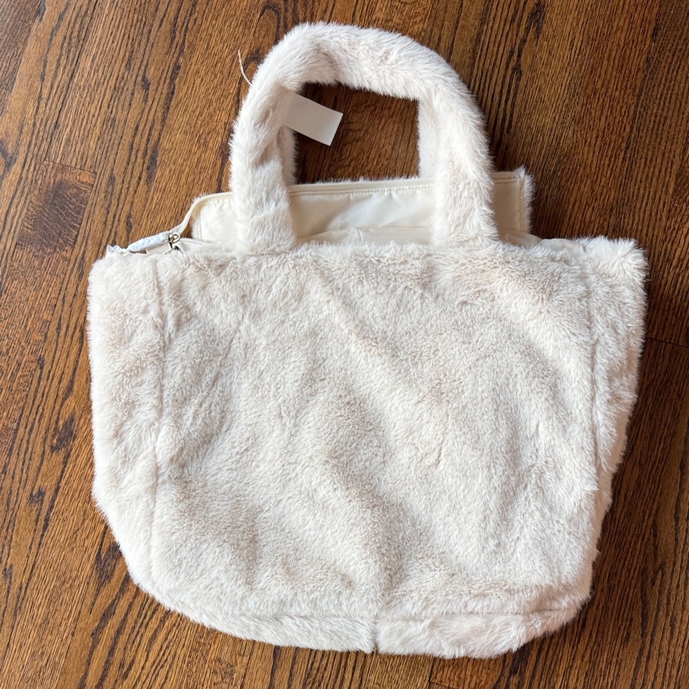 Victoria's Secret Women Off-White Cream Plush Faux Fur Tote Bag Casual Travel - Picture 3 of 7
